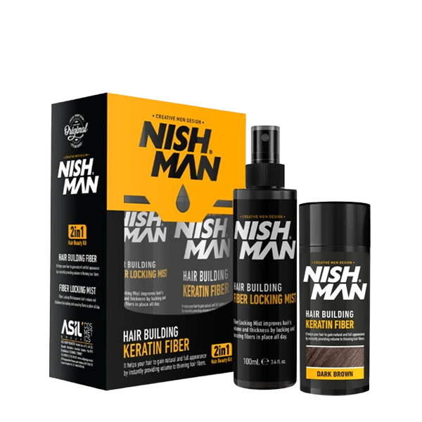 FIBRA CAPILAR CASTAÑO OSCURO 21GR + LACA FIJADORA 100ML - NISHMAN