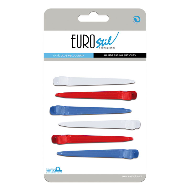 CARTÓN 6 PINZAS PLÁSTICO CURVADAS COLORES 8.3 CM - EUROSTIL