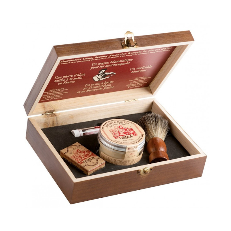 COFRE MADERA, LÁPIZ HEMOSTATICO 12g                                                                     JABÓN AFEITADO ALUMBRE 100g , PIEDRA ALUMBRE 75g Y BROCHA DE MADERA - OSMA