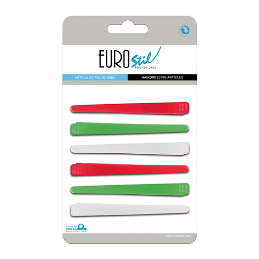 [00075] CARTÓN 6 PINZAS PLÁSTICO PROFESIONALES COLORES 12CM - EUROSTIL-